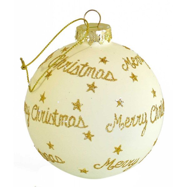 Χριστουγεννιάτικη Γυάλινη Μπάλα Μπεζ, με Χρυσό "Merry Christmas" (8cm)